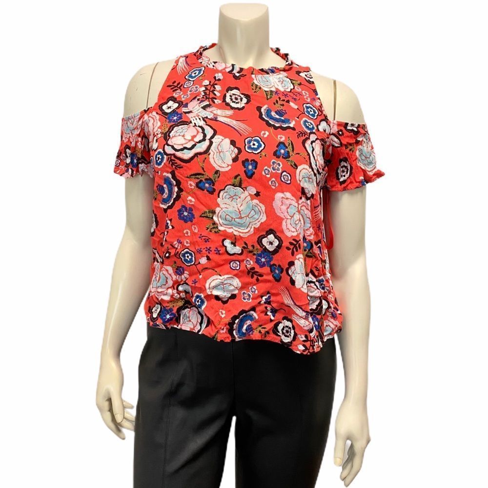 Love Fire Womens Small Petite Cold Shoulder Floral Top Red Hawaiian Tropical y2k